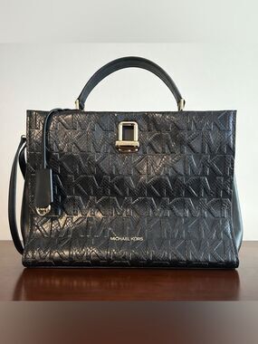Michael Kors Penelope Large Satchel Black Snake Embossed MK Logo NWT $498